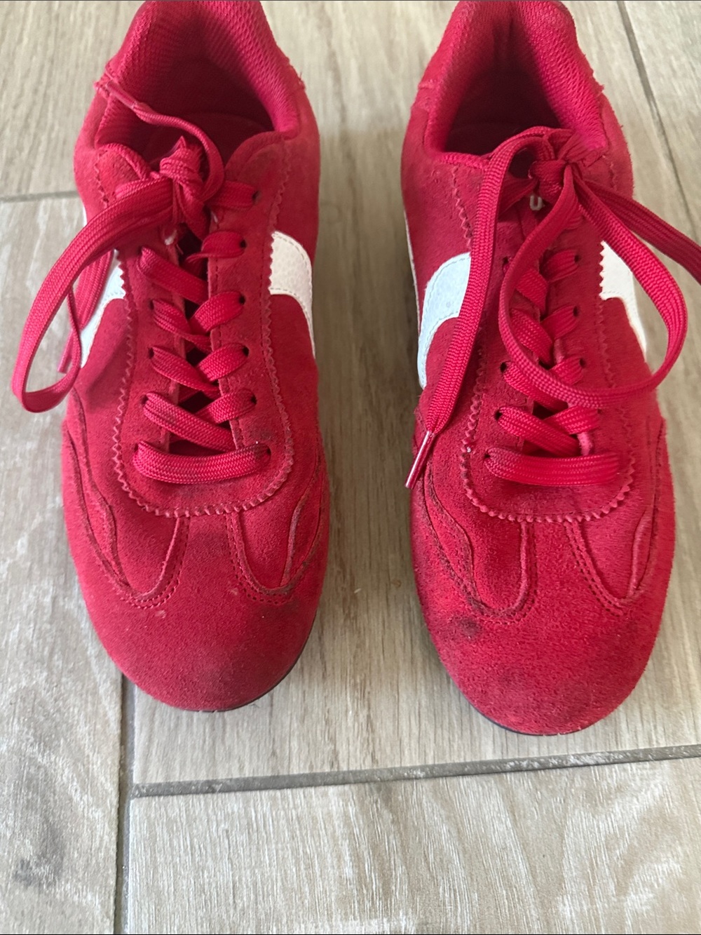 Red Suede Lace-Up Sneakers with White Side Accent